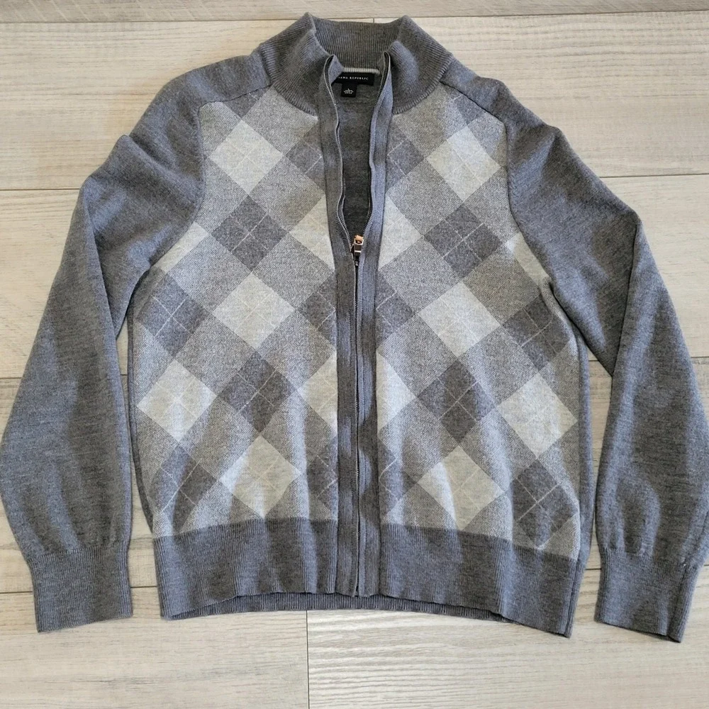 Banana Republic Sweater Mens L Gray 100% Wool Argyle Full Zip Cardigan Preppy